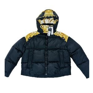 NWT Versace Women 40 US S Medusa Barocco Black Gold Puffer Jacket Hoodie $2,250